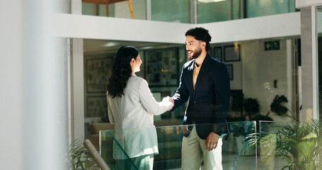 Aufkleber - Business people, meeting and office with handshake for greeting, introduction or welcome. Businessman, woman or colleagues shaking hands with smile for hiring, recruiting or onboarding at workplace