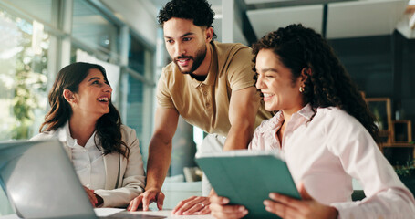Poster - Laughing, meeting and colleagues with tablet, office and humor for project, collaboration and group. Happy, marketing coordinator and people with tech for campaign, teamwork and employees with jokes