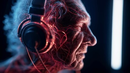 Poster - Elderly man immersed in musical soundscape, experiencing emotional resonance through luminescent vascular network against dramatic blue and red lighting backdrop, revealing inner sensory connection