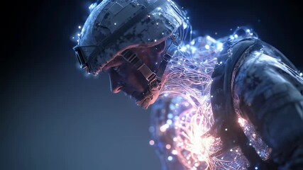 Poster - mental health concept visualization shows a soldier with glowing circuits emanating from his chest, 