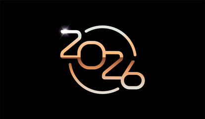 Poster - Elegant 2026 golden line art logo design with glowing premium style on black background for luxury New Year greeting, upscale celebration, stylish layout. Vector illustration.