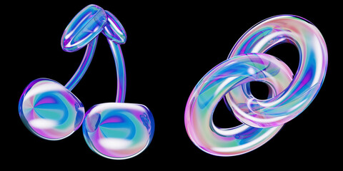 Poster - 3d glass holographic y2k cherry and chain of rainbow links with bright neon metal gradient isolated on black background. Retro digital style, abstract aesthetic shapes render icon set. 3D illustration