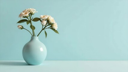 Poster - A light blue vase with white flowers arranged neatly, set against a matching blue background in a minimalist style.