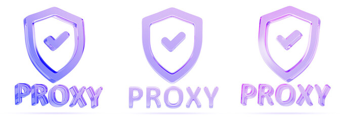 Poster - 3d set of glass holographic security shield with check mark and proxy server icon render. Data encryption, hide IP address, secure access technology in internet, malware protection. 3D illustration