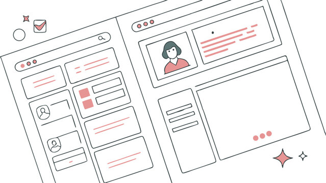 Illustration of two computer screens displaying user interfaces with profile icons and text boxes