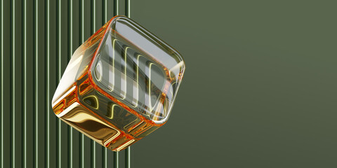 Poster - Gold glass transparent cube on green line wall background. Abstract 3d wallpaper with golden clear square box, crystal geometric block shape, empty space. Render digital tech banner. 3D illustration