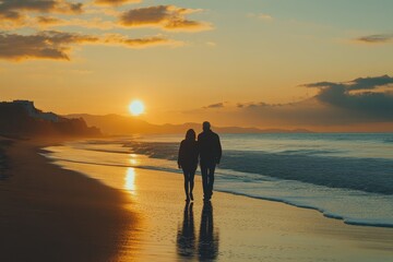 Wall Mural - Couple walks along the beach at sunset with golden light reflection. It can illustrate love, vacations, or romantic travel destinations.