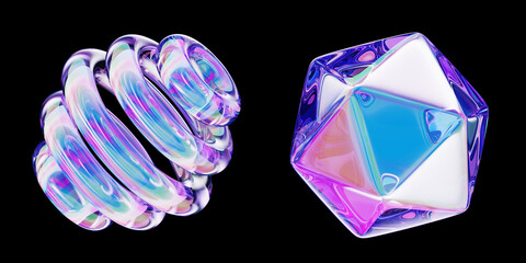 Poster - Liquid glass holographic y2k spiral sphere and polygon icon with bright neon gradient isolated on black background. Abstract crystal geometric shapes render set, rainbow color effect. 3D illustration
