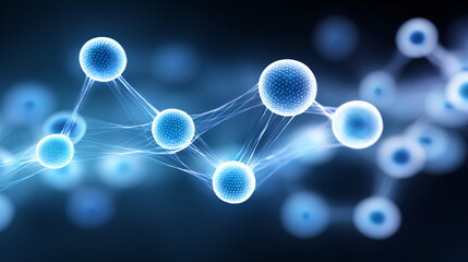 Poster - Abstract blue molecular structure background. Science, chemistry, or medicine concept with connected spheres for banner and website.