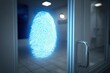 © Iryna Bondariuk - Futuristic security system featuring a glowing blue fingerprint scan displayed on glass entrance door, ensuring advanced identity verification and access control.