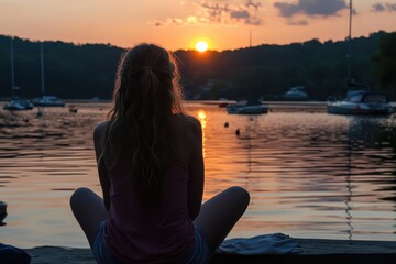 Wall Mural - A woman sits looking at lake, boats, and sunset. Use to show relaxation, mindfulness, or summer vibe.