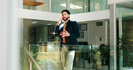 Poster - Businessman, discussion and office with phone call for negotiation or proposal at workplace. Man, employee or financial advisor talking on mobile smartphone for corporate deal, chat or conversation