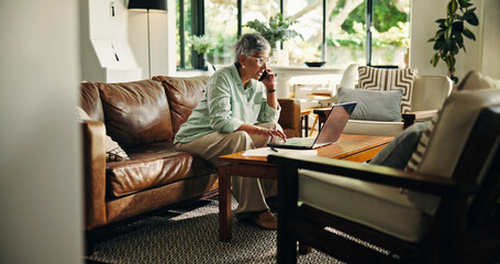 Poster - Phone call, laptop and senior woman with budget for pension, planning and banking in home. Computer, cellphone and mature female person with discussion for investment document or account update