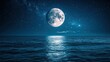 © Dece Std - Full moon over a still ocean at night.  Vast expanse of dark blue water reflecting a large, pale, full moon, high in a star-studded night sky