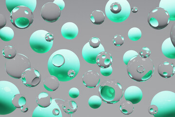 Poster - Golden- green spheres abstract geometric background. 3D rendering. Innovative 3D pattern of flying glossy, glass spheres in green and gray tones for creative projects, website, or tech visuals.