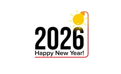 Poster - 2026 Typography with Glowing Light Bulb and Creative Red Wire Line. Symbol of Bright Start, Innovation, Smart Year, Motivation and Fresh Ideas. Vector Illustration