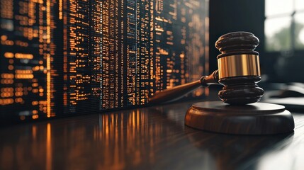 Gavel resting on dark wooden surface, glowing code background