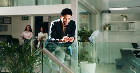 Poster - Phone, smile and business man in office for reading text, email or approval for sustainable project. Mobile, worker and communication in lobby for update, good news or review climate proposal for ESG