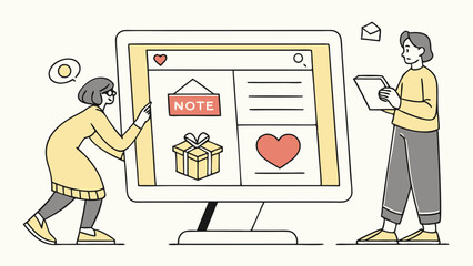 Fototapete - Two people interacting with a large computer screen displaying icons of a heart, note, and gift box