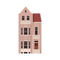 Poster - British house architecture. Old English urban building facade, exterior. Historic townhouse with tiled gable roof, balconies in European style. Flat vector illustration isolated on white background