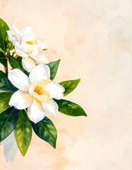 Poster - Elegant white gardenia flower set against a soft beige background in watercolor style