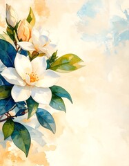 Poster - Striking white gardenia flower on a crisp white background in a cozy watercolor style