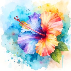 Poster - Vibrant watercolor sketch of hibiscus flower with bold jewels on an artistic watercolor background