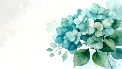 Poster - Cozy watercolor sketch of hydrangea blooms in intimate emerald green watercolor style