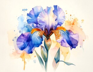 Poster - Cozy watercolor sketch of blue iris flower in vibrant jewel tones in intimate style