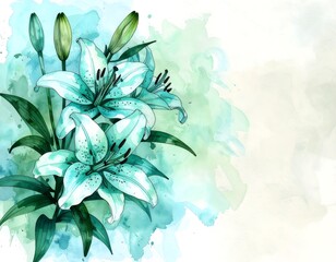 Poster - Bunch of fresh white lilies captured in a cozy watercolor sketch with a touch of nature