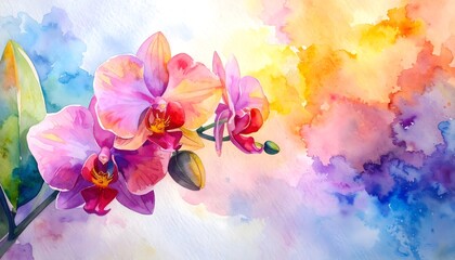 Poster - Cozy watercolor sketch of pink orchid flower on colorful background with bold primary colors