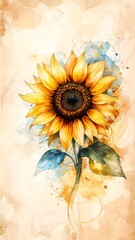 Poster - Deep and intimate watercolor sketch of a sunflower enhanced with dynamic color splash