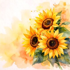 Poster - Warm and inviting watercolor sketch of three sunflowers bathed in rich sunset hues