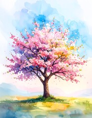Poster - Whimsical watercolor study of a blooming cherry blossom tree in full pink floral glory
