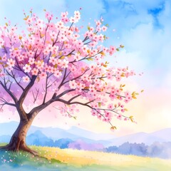 Poster - Whimsical watercolor study of a blooming cherry blossom tree in full pink floral glory