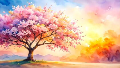 Poster - Whimsical watercolor study of a blooming cherry blossom tree in full pink floral glory