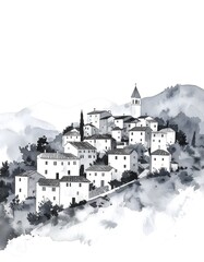 Poster - Majestic watercolor painting of a village in the mountains with artistic colors and style