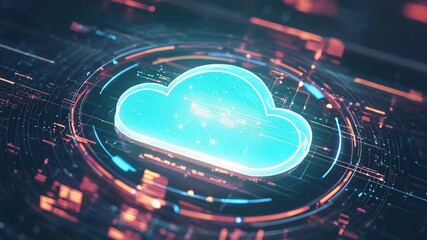 Poster - A glowing digital cloud icon surrounded by vibrant technological circuits represents cloud computing and data networks.