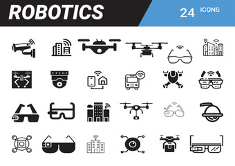 Poster - Robotics Icons: A set of twenty-four distinct robotics icons presents a variety of themes of drones, surveillance, and technology, rendered in crisp black and white on a clean canvas.