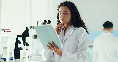 Poster - Thinking, woman and scientist in laboratory with tablet for medical research, ideas or study. Digital technology, planning and female microbiologist with bacteria report for pharmaceutical innovation