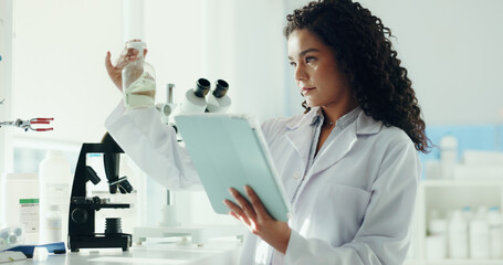 Aufkleber - Chemical, woman and scientist in laboratory with tablet for medical research, project or study. Digital technology, liquid and female microbiologist with solvent report for pharmaceutical innovation.