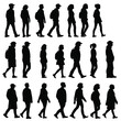 © AbuBokor - Collection of walking people silhouettes in various poses and wearing different clothing styles on white