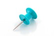 © mojebor - A Single Turquoise Blue Plastic Thumbtack with a Shiny Silver Metal Point Isolated on a White Background Studio Shot Closeup View of Office Stationery Supply