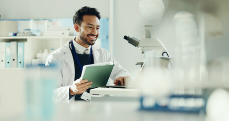 Poster - Science, research and man with smile, tablet and online feedback with app for vaccine development. Happy person, medical scientist and employee in lab, digital tech and breakthrough with innovation