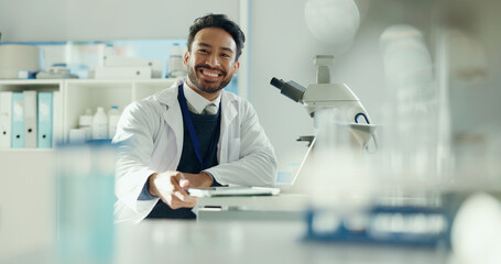 Fototapete - Man, scientist and happy with tablet, portrait and pride for career with medical research project. Person, smile and tech with pharmaceutical study for vaccine development with app at lab in Mexico