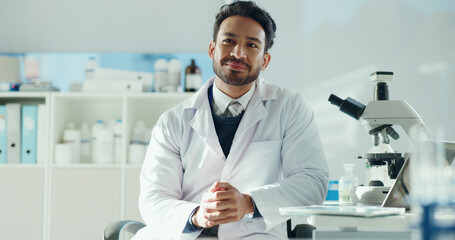 Poster - Man, scientist and happy with thinking, reflection or decision in career with medical research project. Person, smile and perspective with pharma study, vaccine development and insight at laboratory