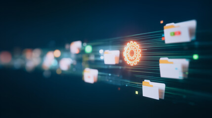 Poster - Data Stream in Digital World: A captivating representation of information flowing seamlessly through a digital network, symbolized by illuminated files and a central data processing icon.