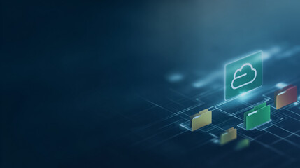 Poster - Cloud Computing Data Storage: A futuristic digital illustration depicting cloud computing data storage, showcasing secure file management and data accessibility.
