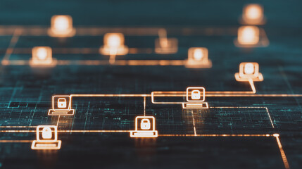 Poster - Cyber Network Connection: This image represents a secure network, showcasing interconnected computers, with lock symbols indicating data protection.