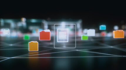 Poster - Digital Data Flow: Illustrative visualization of digital information exchange, with file folders and documents floating amidst a network of interconnected nodes, symbolizing modern data management.